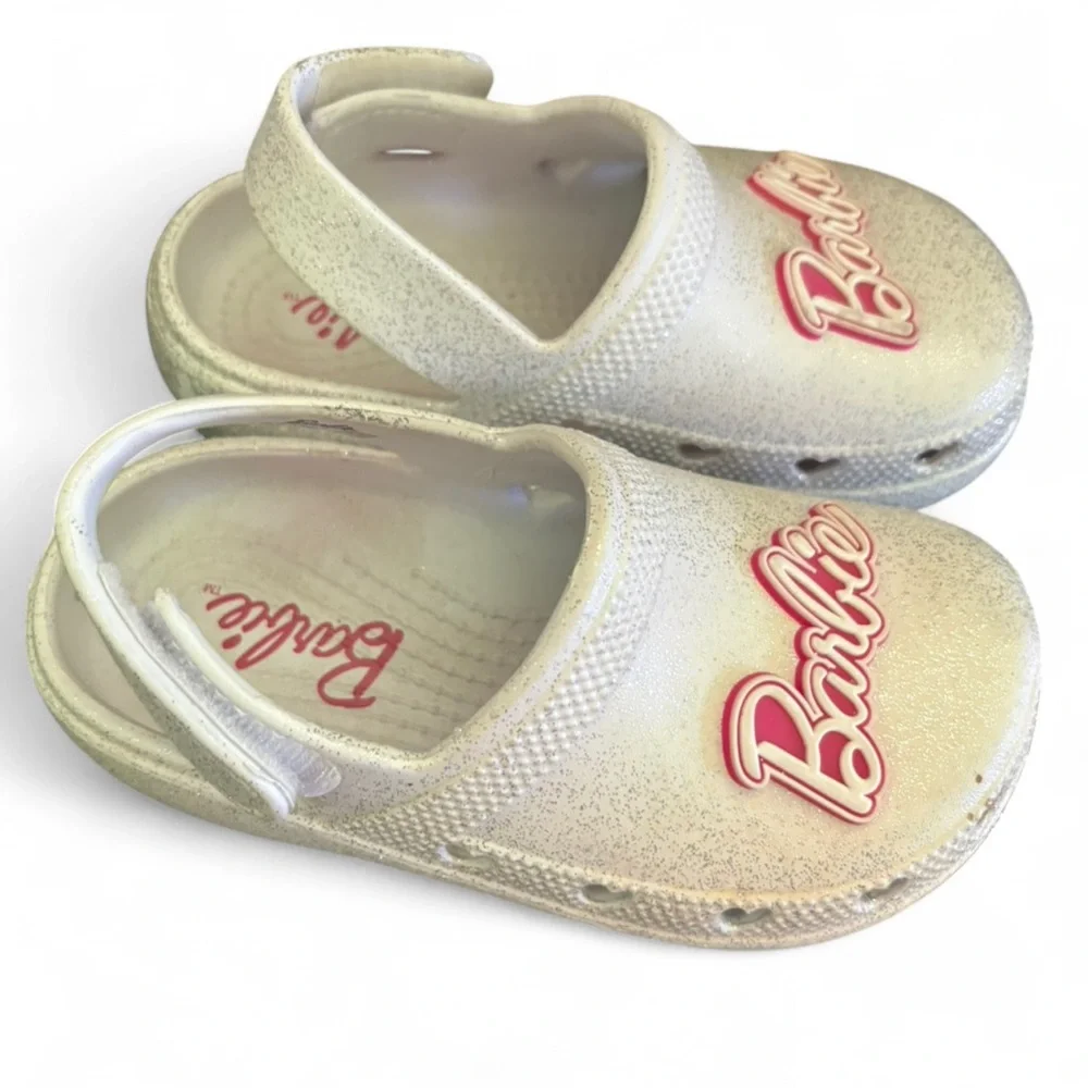 Sparkly white and pink Barbie crocs clog slide on shoes girls size 9